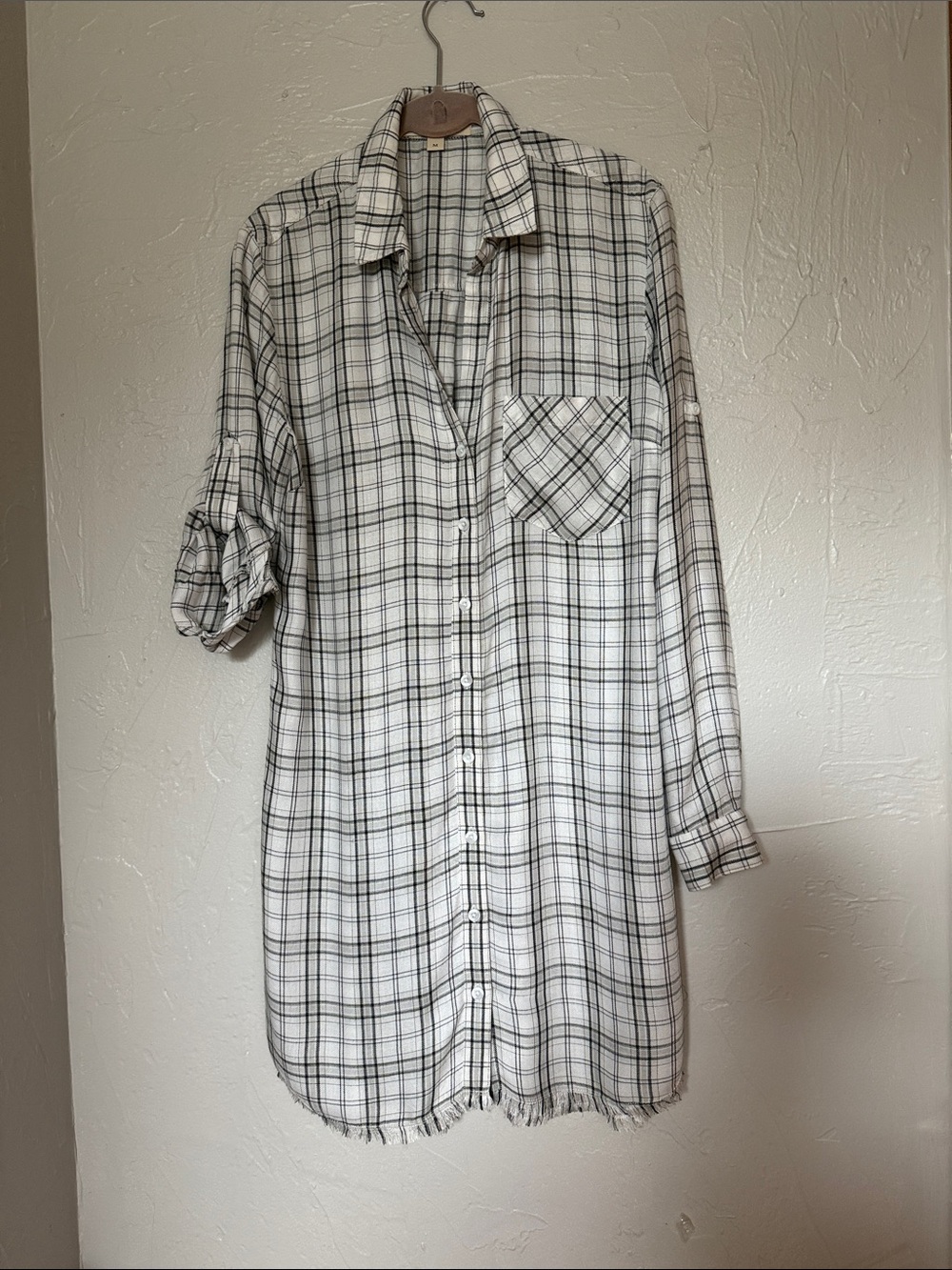 cloth & stone Women's Long Sleeve Plaid Shirt Dress in White and Black